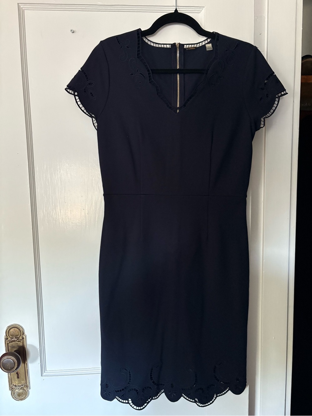 Tahari Navy Scalloped V‑Neck Sheath Dress